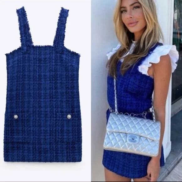 NWT Zara Tweed Dress Textured Pinafore Mini Women XL Blue Bloggers Favorite - Picture 6 of 15